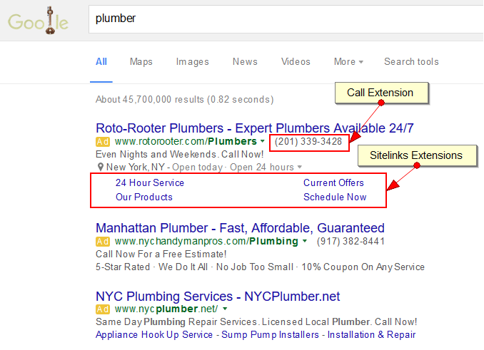 Ad extensions. Extension Sample. Advertising in Google 2000 examples. Ashleyslut in Google. About Page in Google search.